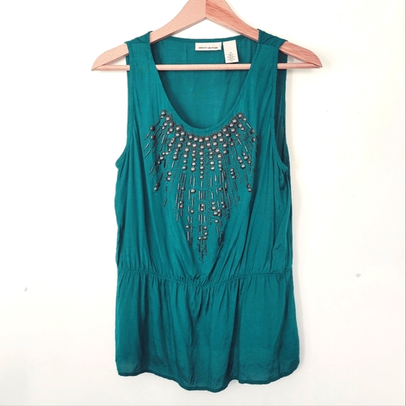 DKNY silky beaded tank, teal blue top green, Tank Top, sleeveless, beaded top - Picture 2 of 9